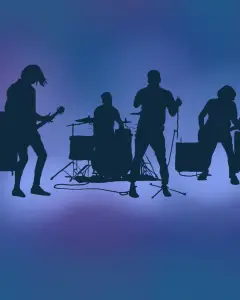 The silhouette of a band against a purple background.