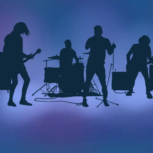 The silhouette of a band against a purple background. 