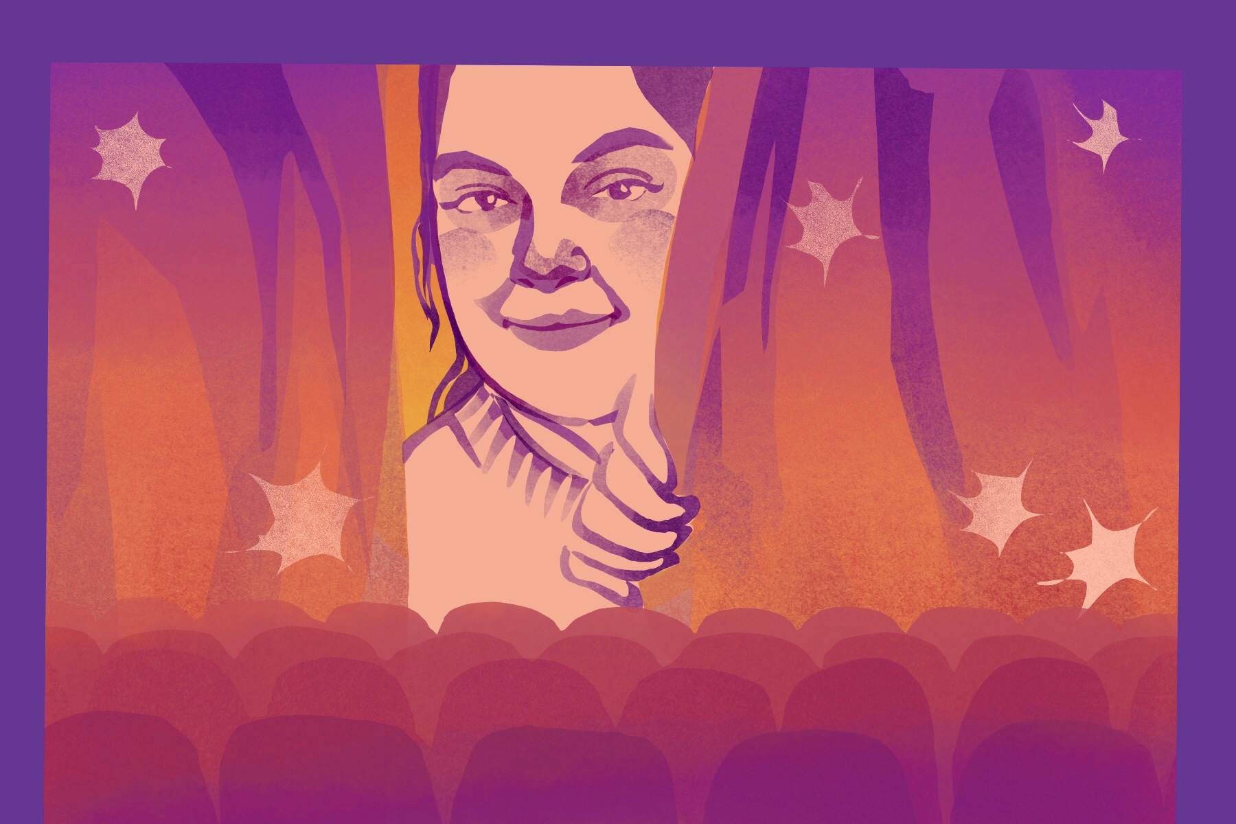 In an article about main character syndrome, a girl peeks out from behind a theater curtain.