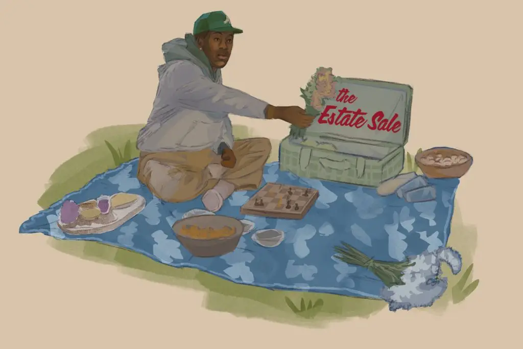 In an article about Tyler, the Creator's recent development as an artist, a drawing of Tyler with a picnic basket reading, "The Estate Sale."