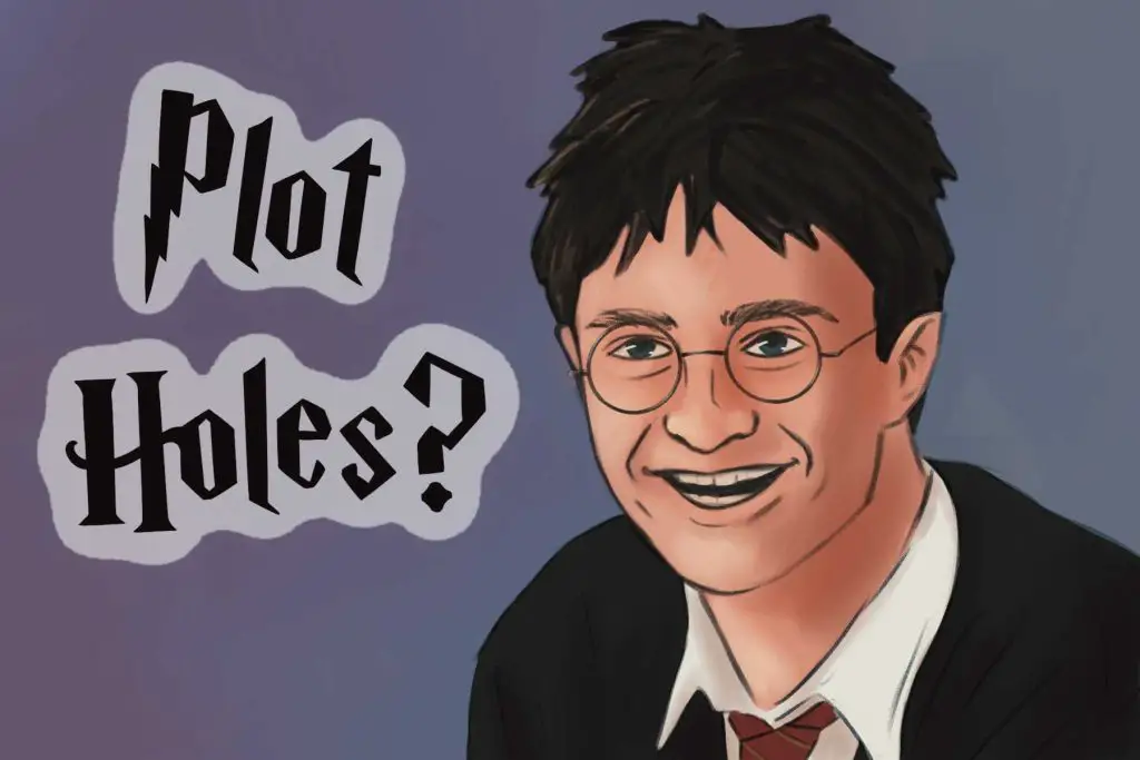 An illustration of Harry Potter next to some text that reads: "Plot Holes?"