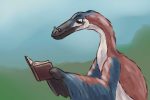 For an article about prehistoric literature, a large red, white, and blue bird with a long neck and circular reading glasses perched on its beak reads a book.