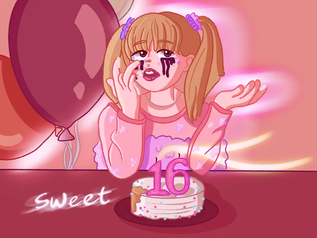 An illustration of Mckena Grace and her sixteenth birthday cake with red balloons in the background.