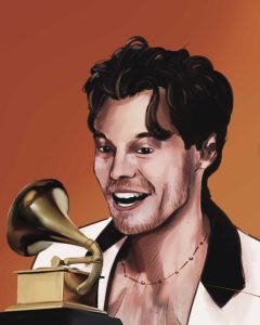 An illustration of singer Harry Styles holding a Grammy for Album of the year.