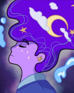 An image of a person with purple skin in the midst of a dream.