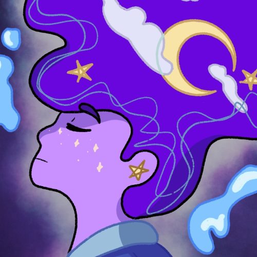 An image of a person with purple skin in the midst of a dream.