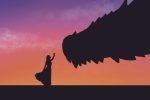 An illustration of two silhouettes of a woman and a dragon, two elements which can be found in fantasy books.