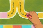 A close up of a board game with two yellow paths heading in opposite directions, one with the words "private college" and the other with the words "community college." A hand moves a pink piece down the "community college" path.