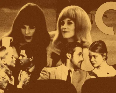 For an article about the Criterion Collection, several film stills are placed together. Two women with big hair, stare off to the left a couple embrace ferafully, and another couple stare into each other's eyes as they sit in theater chairs.