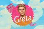 In an article about Greta Gerwig, a portrait of the director sits inside the format of the recent Barbie film's movie posters.