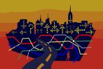 An illustration of the New York City silhouette set against a colorful sunset background.