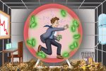 Image in an article about the rat race. A man is running on a hamster wheel, chasing money.