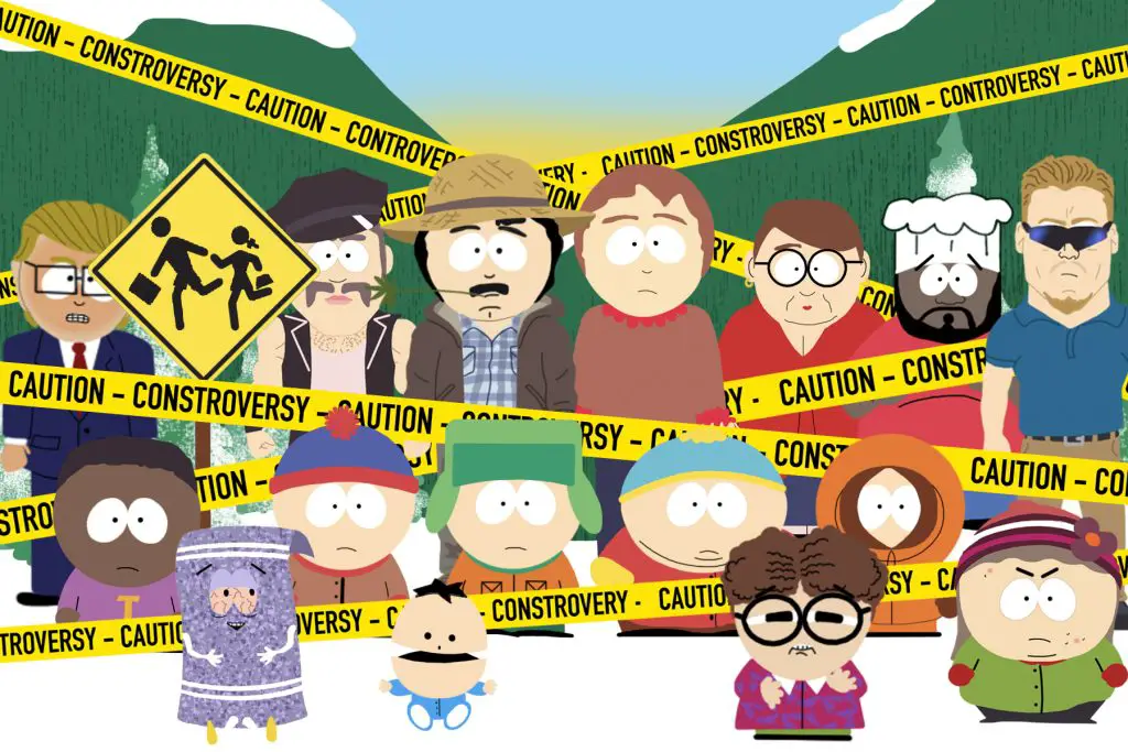 In an article about the irreverent animated series "South Park," an image of the series' cast surrounded by caution tape reading "controversy."
