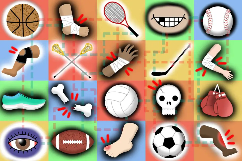 In an article about sports injuries, a collage of various pieces of sports equipment and various injuries and body parts.