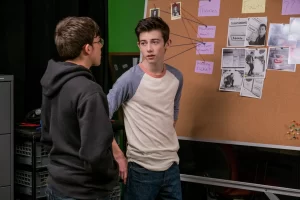 In an article about dark comedy TV series, a frame from "American Vandal" featuring the main characters and their investigation notes.