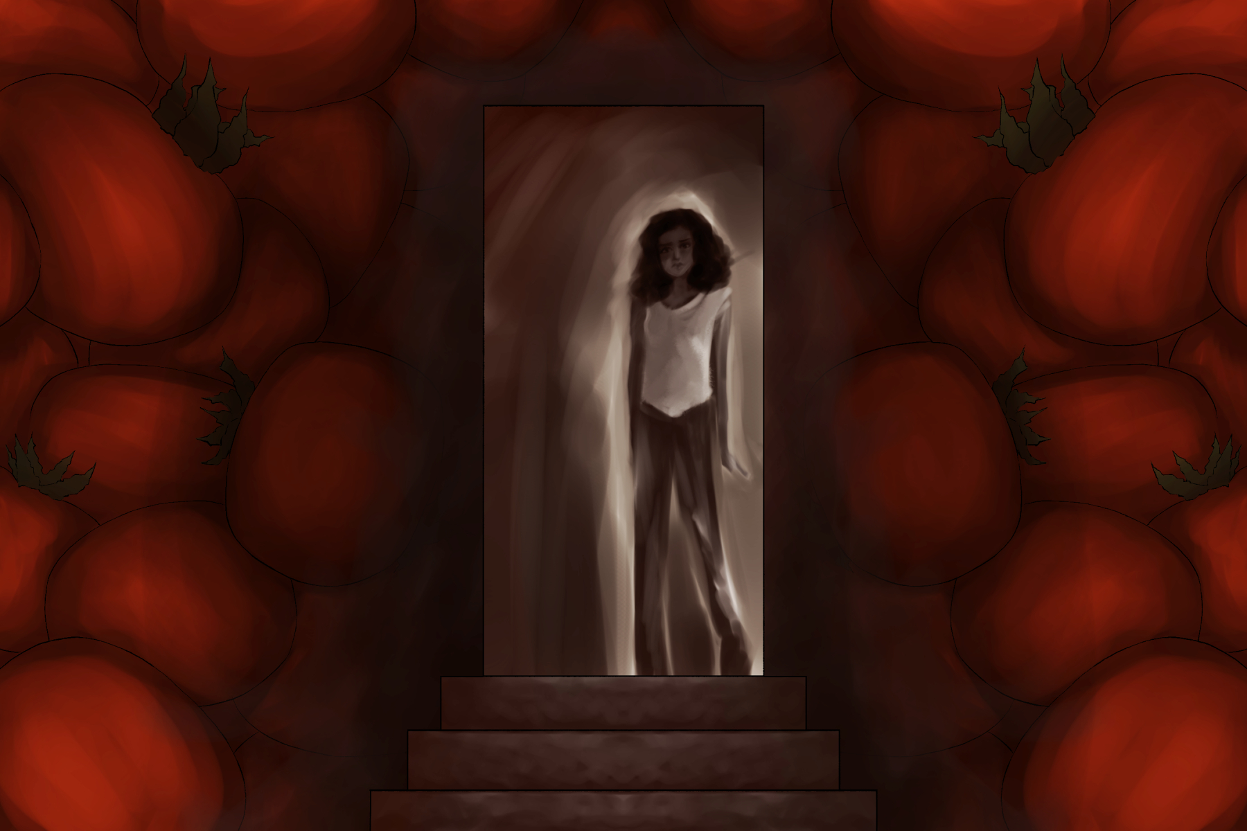 An illustration of a woman standing at the door of a dark basement with walls covered in red.