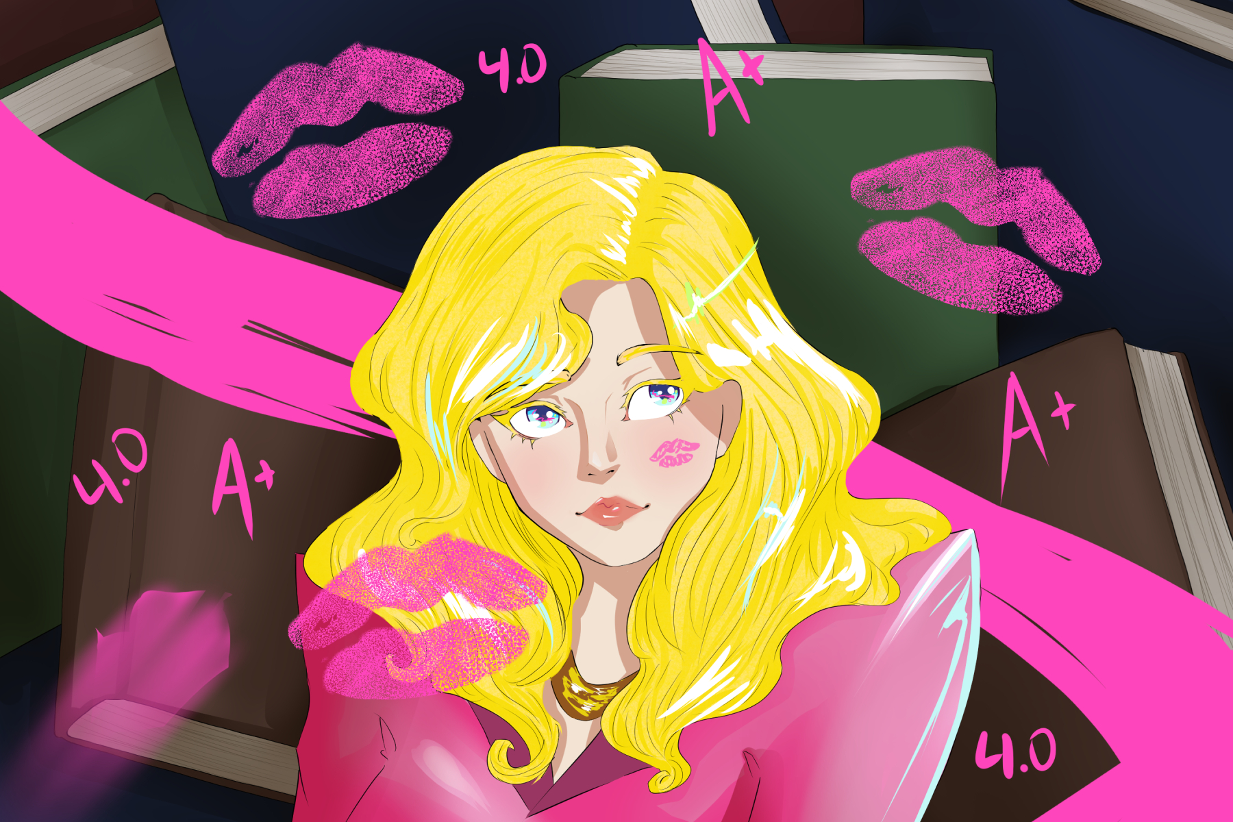 In an article about the bimboification of knowledge, a young blonde woman stands in front of textbooks with lipstick marks all over them.