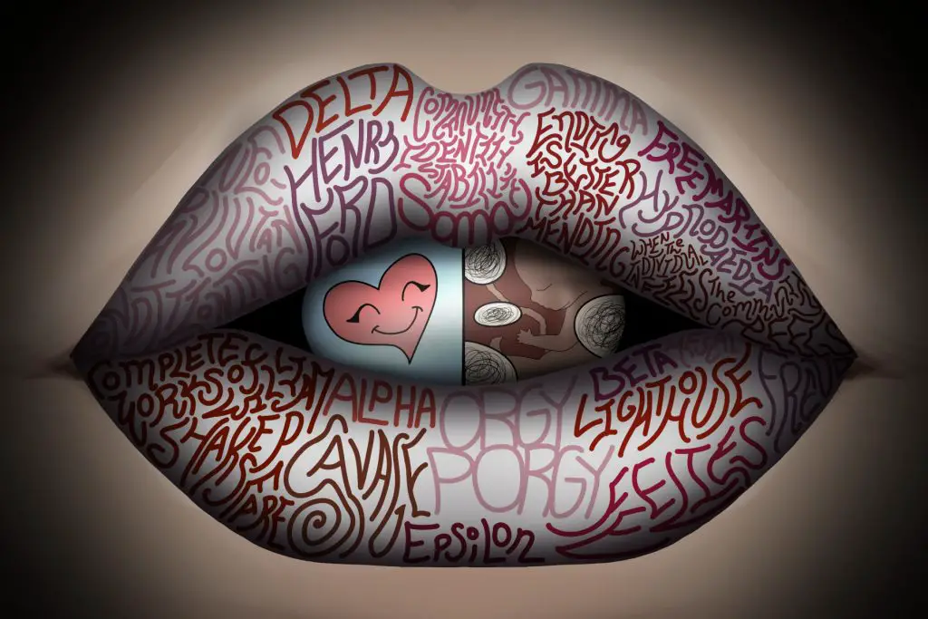 Illustration of a woman's lips with writing and images.