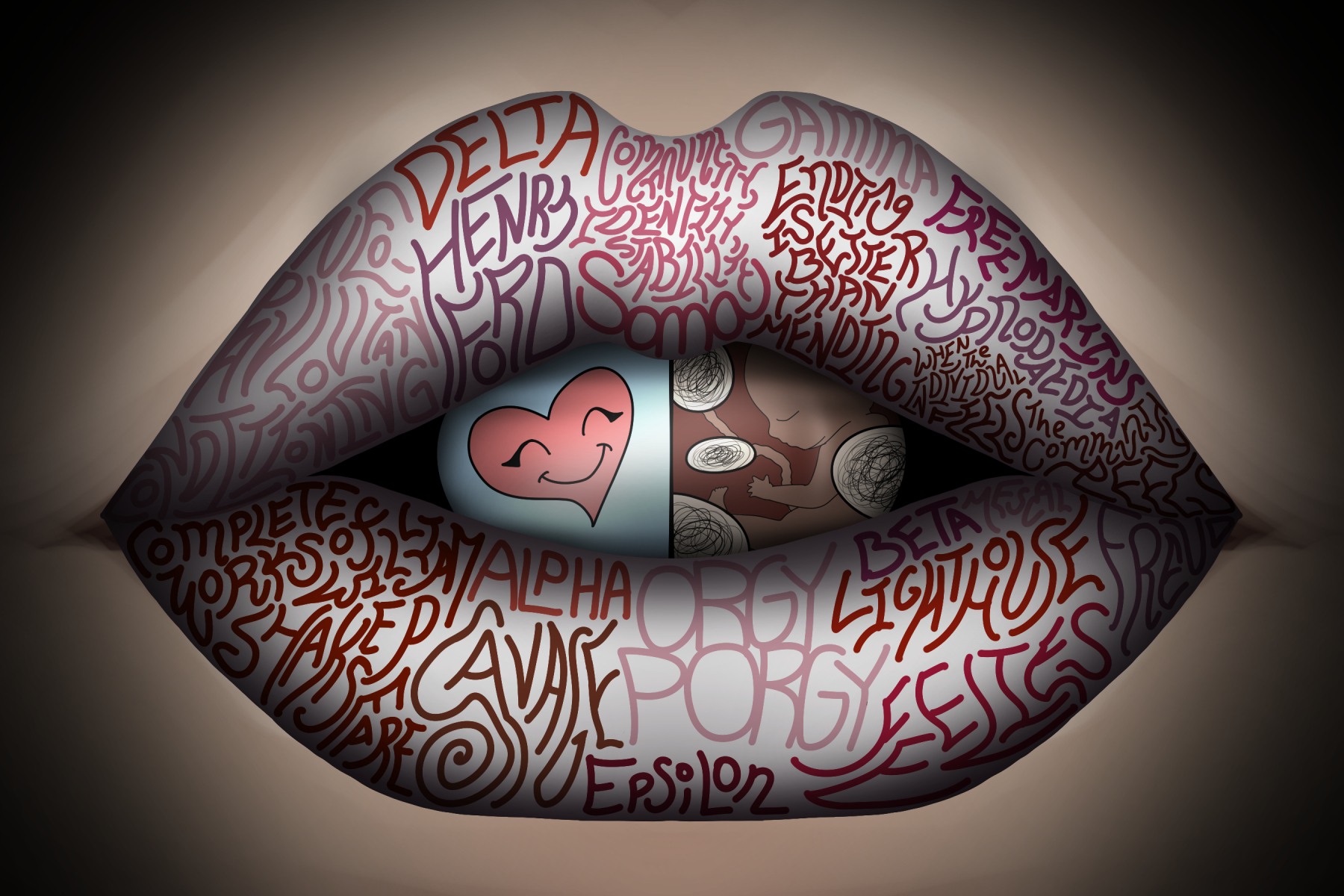 Illustration of a woman's lips with writing and images.