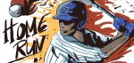 A comic-style rendering of a baseball player striking a home run.