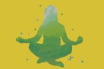 In an article about mindfulness techniques, the outline of a woman meditating portrays a natural landscape.