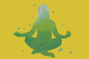 In an article about mindfulness techniques, the outline of a woman meditating portrays a natural landscape.