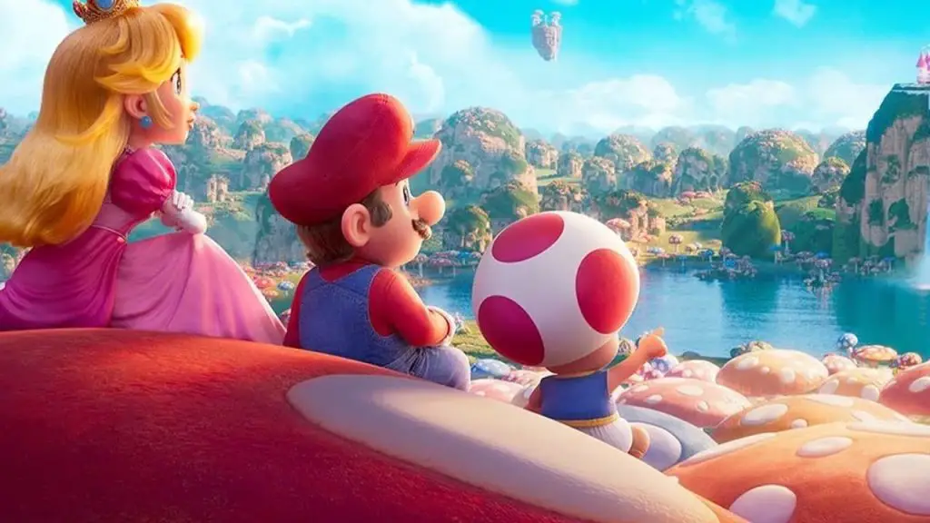 The video game characters Mario, Princess Peach, and Toad sit on giant toadstools and look out over a picturesque landscape of a bright blue lake and mossy boulders.