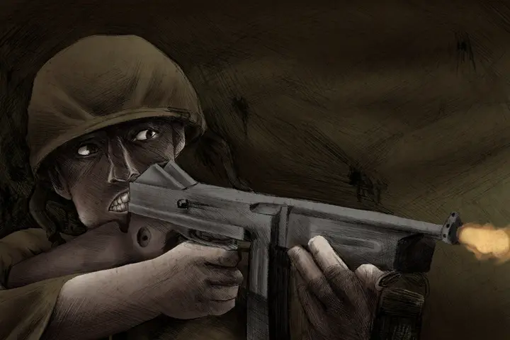 A graphic of a soldier firing a weapon.