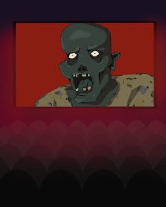 In an article about Zombie movies, a cartoon zombie stares out from a red movie screen.