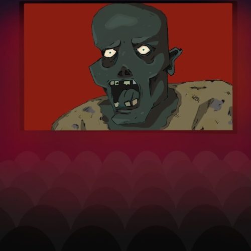 In an article about Zombie movies, a cartoon zombie stares out from a red movie screen.