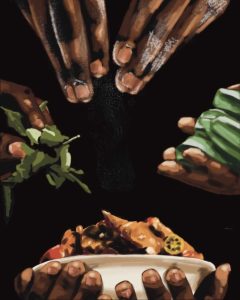 In an article about the documentary 'High on the Hog' three hands season a plate of soul food.