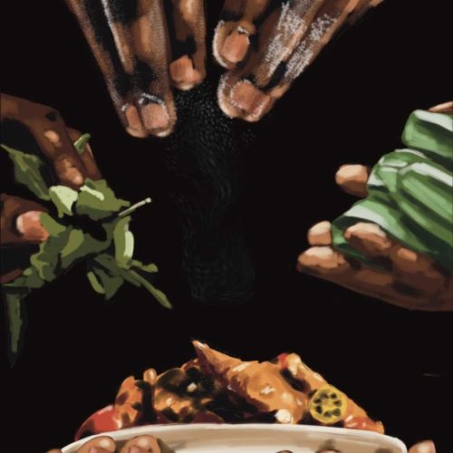 In an article about the documentary 'High on the Hog' three hands season a plate of soul food.