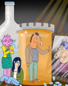 The character Bojack Horseman stands in a pill bottle while his friends look in at him.