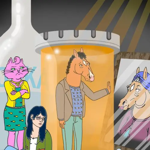 The character Bojack Horseman stands in a pill bottle while his friends look in at him.