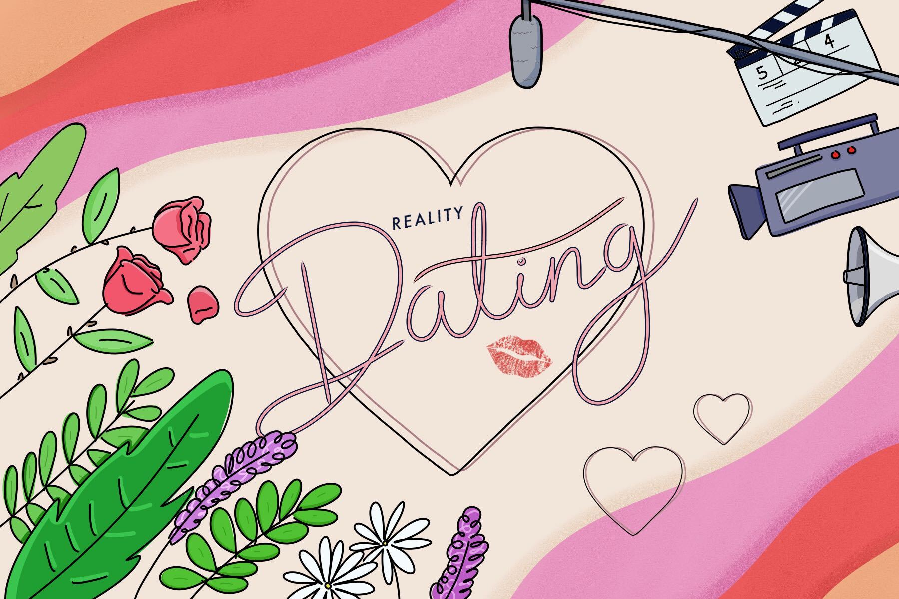 In an article about the six best reality dating series on Netflix, bouquets of flowers and film equipment surround a heart that reads 'Reality Dating.'