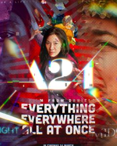 In an article about the studio A24, three movie posters merge, centering on Eleanor in the film 'Everything Everywhere All At Once.'