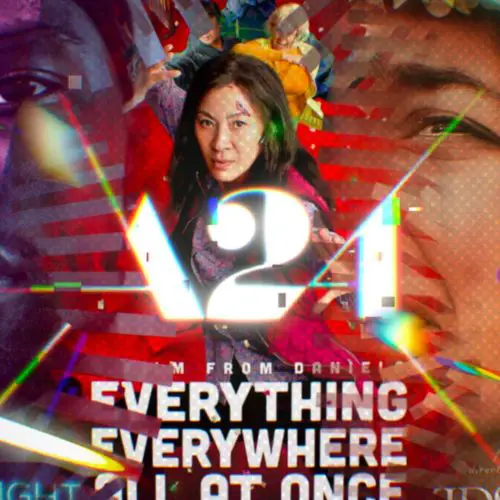 In an article about the studio A24, three movie posters merge, centering on Eleanor in the film 'Everything Everywhere All At Once.'