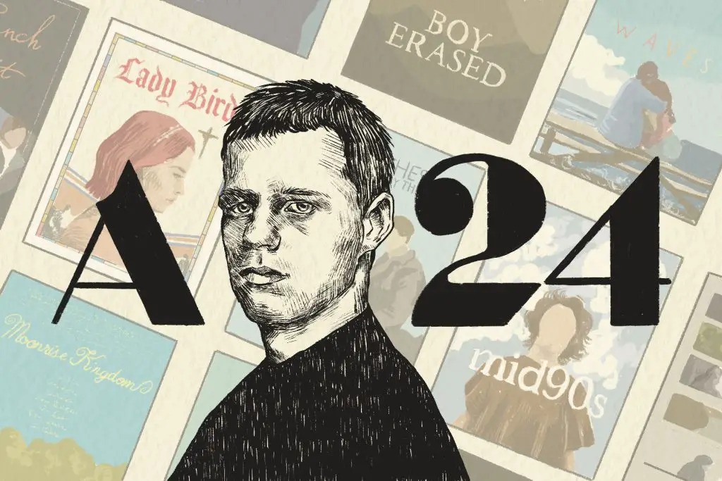 In an article about Lucas Hedges' career, a black and white, cross-hatched illustration of Hedges is overlaid on top of several films he starred in.