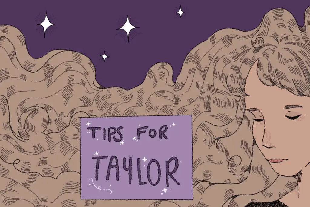 In an article about the top eight tips that Taylor Swift fans should follow when they attend the 'Eras Tour,' Swift gazes downward as her long blonde hair ripples across a starry sky and surrounds a purple sign that reads, 'Tips for Taylor.'