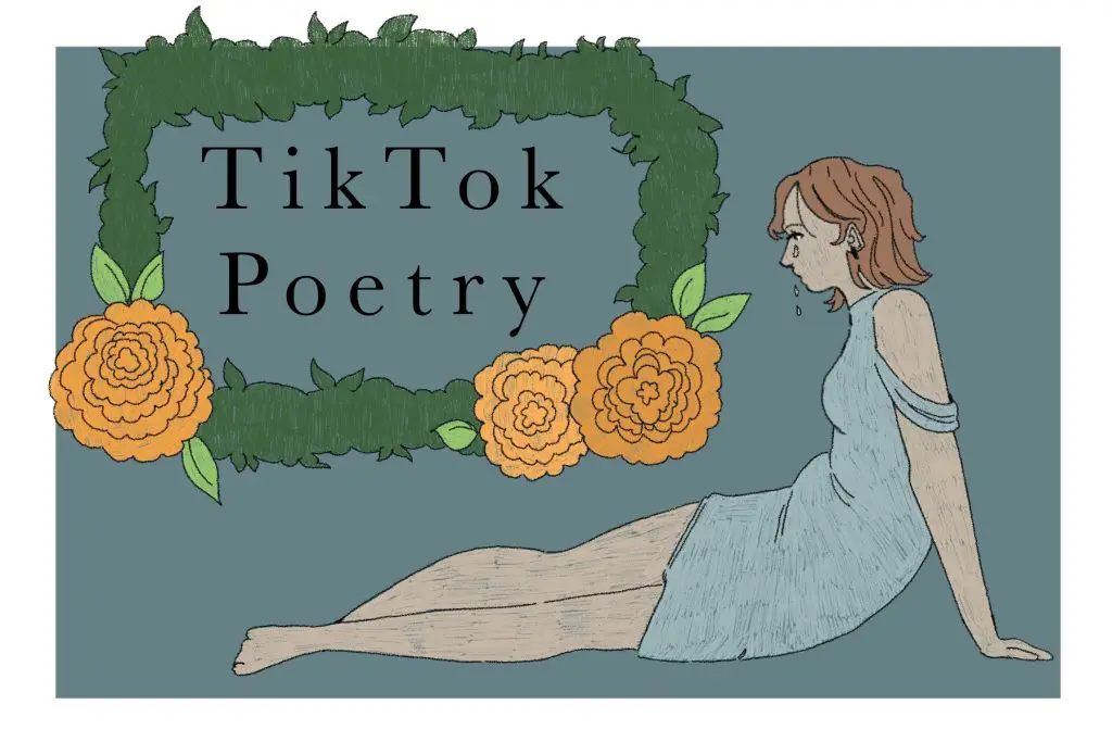 In an article about poetry slideshows, an image of a woman in a dress lying on her side while facing a wreath.