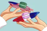 In an article about French pastries, two chefs offer macarons on plates bearing the American and French flag designs.