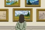 In an article about Van Gogh's signature cypress motif, a woman gazes at a museum wall lined with Van Gogh's masterpieces.