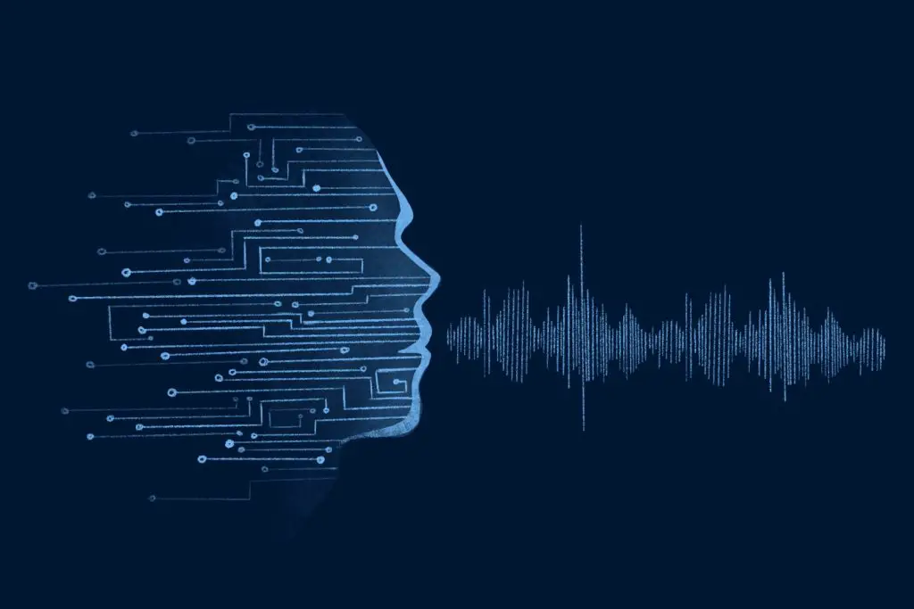 In an article about DALL-E 2, an advanced AI, circuits make up a silhouette of a human head emitting blue sound waves.