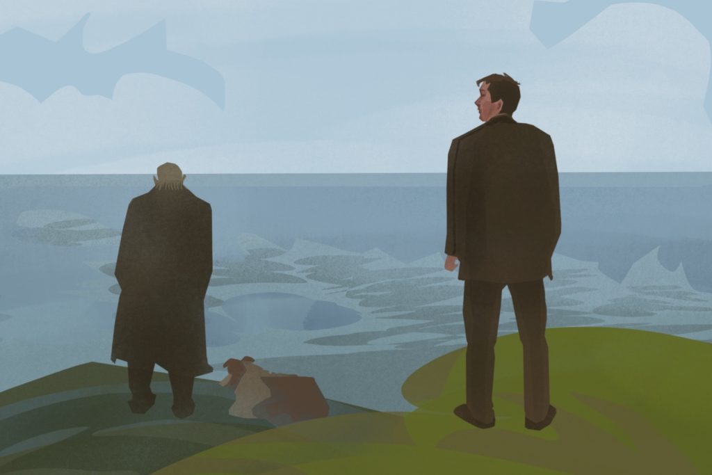 In an article about 'The Banshees of Inisherin,' Two men stand at the top of a hill, facing the sea.
