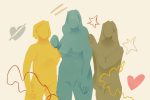 In an article about body neutrality, three multicolored silhouettes stand against a beige background.