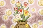 In an article about Holland's tulip mania, a bundle of red, yellow, and orange tulips are bound by a rope with a Euro.