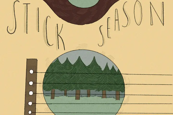 In an article analyzing Noah Kahan's "Stick Season," a forest of pine trees sits inside the hole of a guitar, with guitar strings covering it.