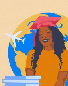 In an article about study abroad programs at NYU, a student stands in front of the world in a graduation cap.