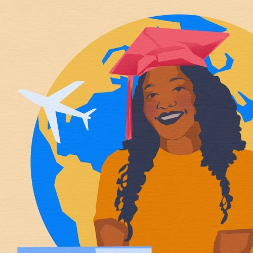 In an article about study abroad programs at NYU, a student stands in front of the world in a graduation cap.