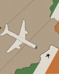 In this article about studying abroad in Ireland, a plane sails across the sky, heading towards a cloud resembling the Irish flag.